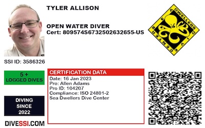 Example of an Open Water Certification Card